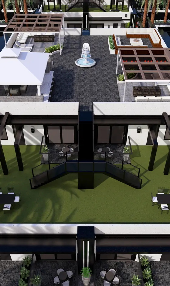 SCDC Texas penthouse-fortress multifamily apartment building exterior render